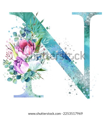 Watercolor Letter N. Spring Watercolor Alphabet. Monogram N with tulips. Foto stock © 
