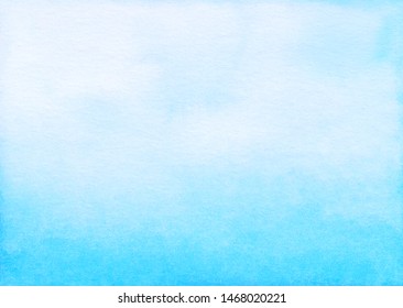 Watercolor Light Blue Gradient Background Texture. Aquarelle Abstract Bright Sky Blue Ombre Backdrop. Watercolour Horizontal Trendy Template. Textured Paper.