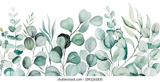 Aquarellfarben, hellgrüne Eucaliptus-Äste und Garten lässt nahtlose Grenzgrafik einzeln auf Weiß für Herbst- und Winterhochzeit stationär, Grüße Karten, Wallpaper, Kunsthandwerk. Grünpflanzen 