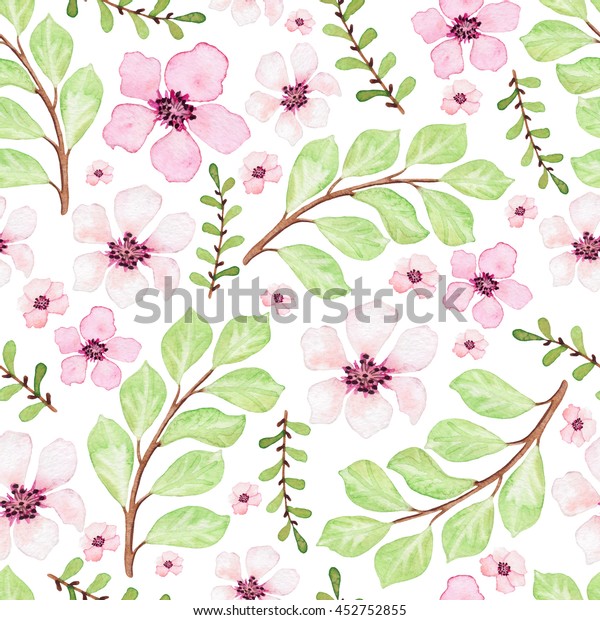 Watercolor Light Green Leaves Pink Flowers Stock Illustration 452752855 ...