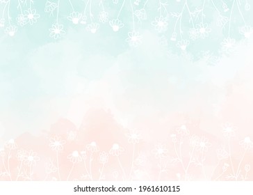 Watercolor Light Green And Old Rose Peach Pink Splash Background With White Doodle Line Art Wild Chamomile Flower 