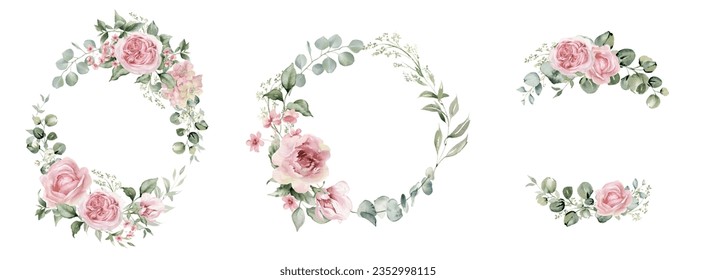 Watercolor light pink flowers and eucalyptus greenery illustration.  Wedding clipart. Dusty roses, soft blush peony - border, wreath, frame, bouquet. Perfect for stationary, greeting card, fashion