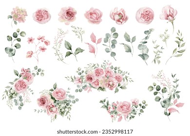 Watercolor light pink flowers and eucalyptus greenery illustration.  Wedding clipart. Dusty roses, soft blush peony - border, wreath, frame, bouquet. Perfect for stationary, greeting card, fashion