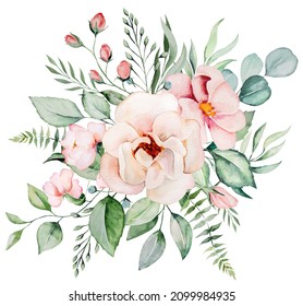 Watercolor light pink flowers and green leaves bouquet illustration isolated on white for wedding stationary, greetings cards, wallpapers, crafting. Pastel Floral Hand painted frame, place for text