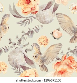 Watercolor light seamless pattern and owls  flowers  leaves  moon  Hand drawn