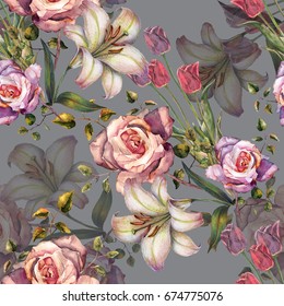 Watercolor lily and roses on a violet  background in seamless pattern.