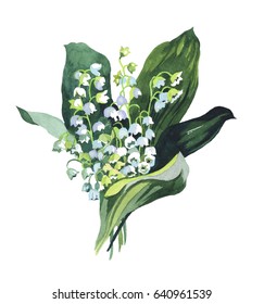 Watercolor Lily Of The Valley Budget Hand Painting Isolated On White Background Illustration For Paper, Greeting Cards