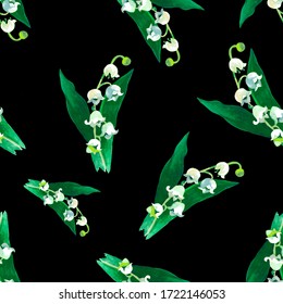 Watercolor Lily Of The Valley Isolated On Black Seamless Pattern For All Prints On Hand Painting Style.