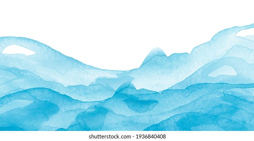 Watercolor Line Of Blue Paint, Splash, Smear, Blot, Abstraction. Used For A Variety Of Design And Decoration. Strokes Of Paint, Lines, Splash. Horizontal Line,background. Blue Sea, Hill, Fog Mountain