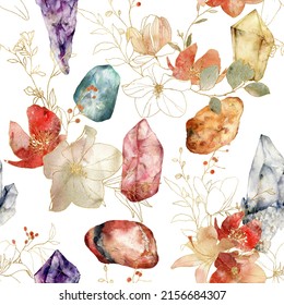 Watercolor linear seamless pattern of gemstones and flowers. Hand painted abstract composition isolated on white background. Minimalistic illustration for design, print, fabric or background.
