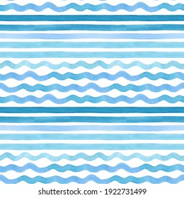Watercolor lines seamless pattern Sea waves. Hand drawn. Blue color stripes on isolated on white. Good for fabric, textile, wrapping paper, wallpaper, prints