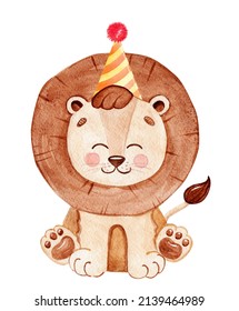 Watercolor Lion In Birthday Hat Isolated On White Background. Hand Drawn Baby Animal Illustration