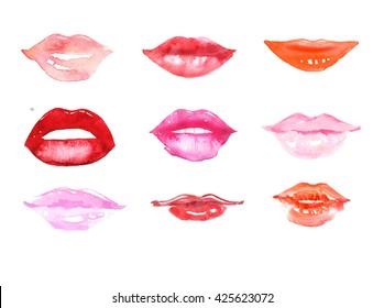 Watercolor Lips Set. Fashion Illustration. Abstract Background. Sex, Lust, Love. Lipstick Advertisement.