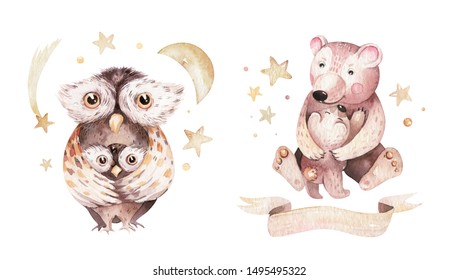 Watercolor little bear and owl baby and mother watercolour cartoon baby nursery. Forest funny young illustration animal. Mom and baby baby shower