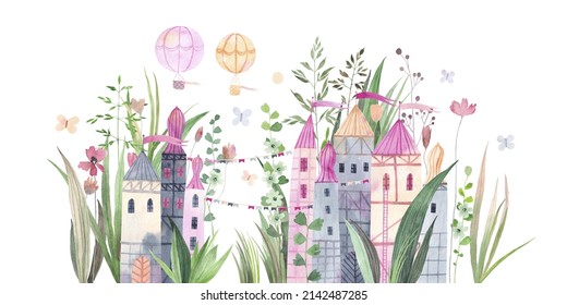Watercolor little castles and cute flowers on white background. Summer meadow. Illustration for card, border, banner or your other design. Cute little city. Fairy tale summer adventure.