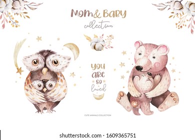 Watercolor little owl   bear baby   mother watercolour cartoon baby nursery  Forest funny young animals illustration  Mom   baby greeting invitation