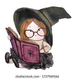 Watercolor Little Witch Reading A Book