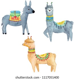 Watercolor Llama And Donkey 