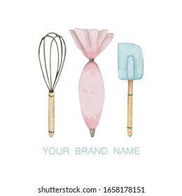 Watercolor Logo Of Pastry Shop With Culinary Spatula, Whisk And Pink Pastry Bag On White Background.