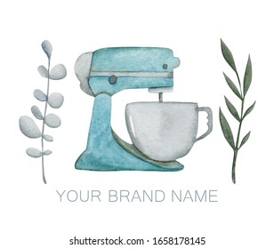 Watercolor Logo Of Pastry Shop With Turquoise Table Mixer And Sprigs Of Eucalyptus On White Background.