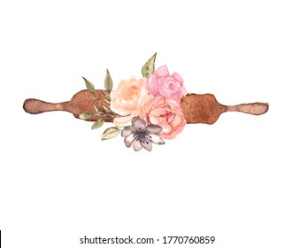 Watercolor logo with rolling pin, whisk, pastry shovel and twigs, suitable for a pastry shop, bakery, cake shop, catering and other on a white background - Powered by Shutterstock