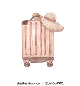 Watercolor Luggage With Straw Hat. High Quality Illustration