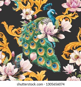 Watercolor Luxury Pattern With Peacock Bird, Pink Magnolia And Golden Rococo Patterns. Dark Background