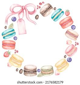 Watercolor Macaron Cookies Illustration Wreath, French Bakery Frame, Sweets Border Clipart, Logo Design