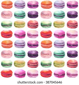 Watercolor Macaron Seamless Pattern. French Dessert With Different Tastes And Pastel Colors. 