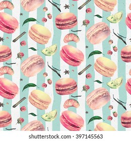 Watercolor Macaron Seamless Pattern. French Dessert With Different Tastes And Bright Colors. 