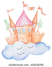 Watercolor Magic Castle. Illustration On White Background.