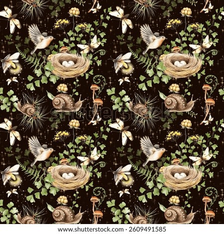 Watercolor magic forest seamless pattern. Snail, moth, bird, nest, mushroom, wildflower, herb, cloudberry, gold shine. Dark Academia style. Hand drawn illustration for textile, wrapping, scrapbooking