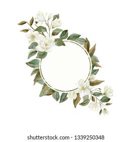 Watercolor Magnolia Wreath With Plants And Leaves. Greeting Card With Flowers And Greenery.