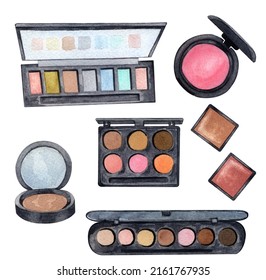 Watercolor make up products. Hand drawn cosmetics set of pearl powder, brushes in a glass holder, powder, texture, palette, mascara, lip stick. - Powered by Shutterstock