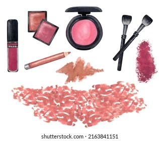 Watercolor make up products. Hand drawn cosmetics set of pearl powder, brushes in a glass holder, powder, texture, palette, mascara, lip stick.