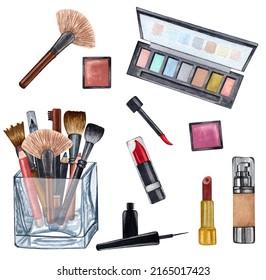Watercolor make up products. Hand drawn cosmetics set of pearl powder, brushes in a glass holder, powder, texture, palette, mascara, lip stick.
