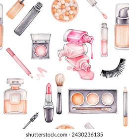 Watercolor makeup pattern.Fashion print.Cosmetics objects:powder,mascara,perfume,lipstick,polish,eye shadow,cream,lipstick,brush. - Powered by Shutterstock