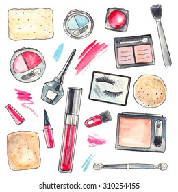 Watercolor Makeup Products Set. Cosmetics. Hand Drawn Painting Illustration. 