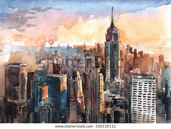 夕日のマンハッタン高層ビル水彩 ニューヨークシティタワー のイラスト素材