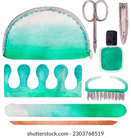 Watercolor manicute collection, various elements for nail care in green colors isolated on white background. For various beauty products, etc. - Powered by Shutterstock