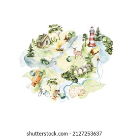 Watercolor Map Creator For Trip, Travel, Camping. Hand Painted Road, Houses, Lake, Tree, Bycicle, Summer Landscape City Street Isolated On White Background. Illustration For Decor, Wedding Print