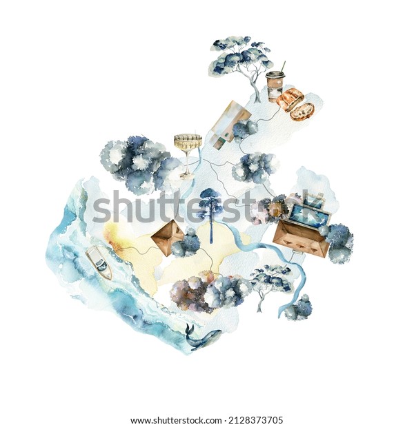 Watercolor map creator for trip, travel, camping.\
Hand painted road, houses, lake, bakery, tree, drink, winter\
landscape City street isolated on white background. illustration\
for decor, wedding\
print