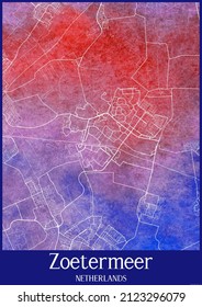 Watercolor map of Zoetermeer Netherlands.This map contains geographic lines for main and secondary roads.