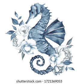 Watercolor marine illustration with seahorse, flowers  and leaves, isolated on white background