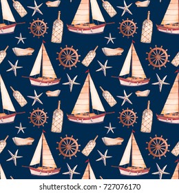 Watercolor Marine Seamless Pattern. Repeating Texture With Sailboat, Wheel, Lantern, Boat, Bottle And Sea Star On Dark Blue Background. Wallpaper Design