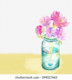 Watercolor Mason Jar With Flowers Bouquet