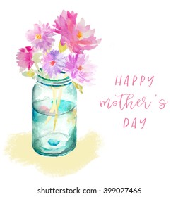 Watercolor Mason Jar With Flowers With Happy Mothers Day Text