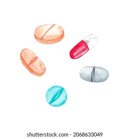 Watercolor Medical Pills, Capsules, Pills On A White Background. Medical Medicines Of A Doctor In The Treatment Of People