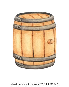 Watercolor Medieval Wooden Barrel For A Drink. Vintage Box For Beer Or Wine. Liquid Storage Container. Hand Drawn Illustration Isolated On White Background.