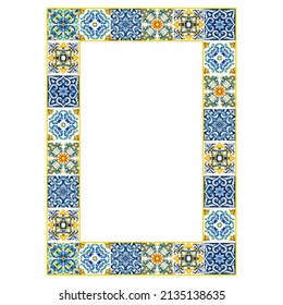 Watercolor Mediterranean Hand Drawn Tiles Frame